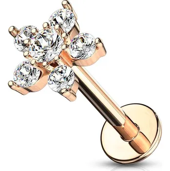 Piercing Zlacená labreta / piercing do ucha - kytička, čiré zirkony (růžové zlato, 1,2 x 8 mm)