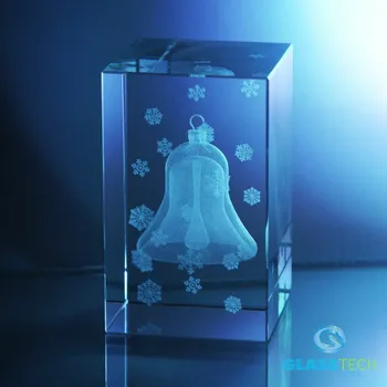 Zvonek na kolo 3D zvonek s vločkami ve skleněném kvádru 50 x 50 x 80 mm (Laserovaný 3D zvonek s vločkami ve skleněném hranolu 50 x 50 x 80 mm)