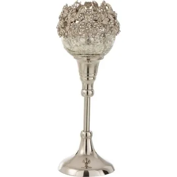 Svícen Skleněný svicen na nožičce se stříbrným zdobením a kamínky Luxy - Ø 10*24cm