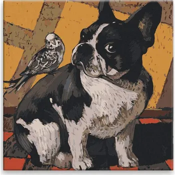 Malování podle čísel - Buldoček s ptáčkem - 40x40 cm, bez dřevěného rámu - CZ výroba