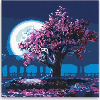 Malování podle čísel - Růžově rozkvetlý strom za úplňku - 40x40 cm, bez dřevěného rámu - CZ výroba