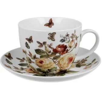 DUO Gifts DG - Porcelánový šálek s podšálkem ZAHRA, růžičky v dárkové krabičce - 470 ml