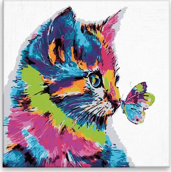 Malování podle čísel - Koťátko s motýlem v barvách - 40x40 cm, bez dřevěného rámu - CZ výroba