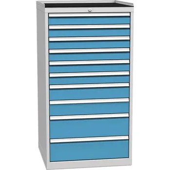 Zásuvková dílenská skříňka, 10 x zásuvka, v x š x h: 1350 x 720 x 700 mm, barva šedá RAL7035/ modrá RAL5012