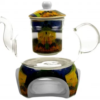 Filtrační konvice DUO Gifts DG - Skleněná konvice s ohřívačem na čajovou svíčku V. van Gogh TERASA V NOCI v dárkové krabičce - 1000 ML