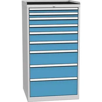 Zásuvková dílenská skříňka, 9 x zásuvka, v x š x h: 1350 x 720 x 700 mm, barva šedá RAL7035/ modrá RAL5012