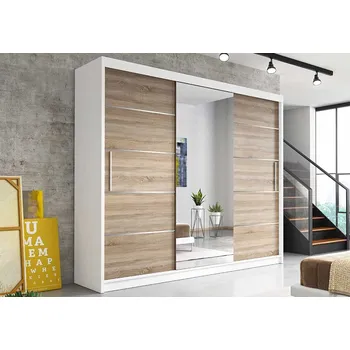 Šatní skříň Eoshop Šatní skříň Lastra (233 cm), Bílá / Dub Sonoma se zrcadlem