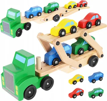 Dřevěná hračka Kruzzel Tahač s návěsem pro přepravu aut 32 cm