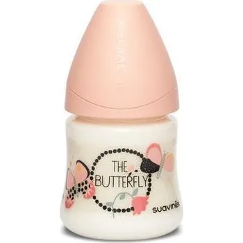 Kojenecká láhev Suavinex Láhev kulatá savička latex 150 ml 0m+ Oranžový motýl