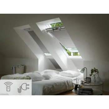 VELUX DML Standard Barva rolety: bílá (1025), Barva vodicí lišty: Hliník standard (K), Označení okna (ze štítku na okně): CK02 55x78 cm - elektricky ovládaná