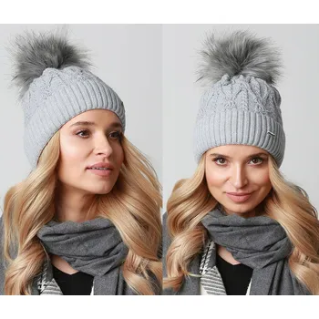 Čepice Fashionweek Dámská čepice s kožešinovou bambulí a'la JENOT! + flísová podšívka ZIZI-V20/22 Barva: šedý, Velikost: Universal