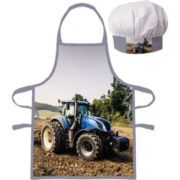 Kuchyňská zástěra BrandMac Dětská zástěra s kuchařskou čepicí modrý traktor