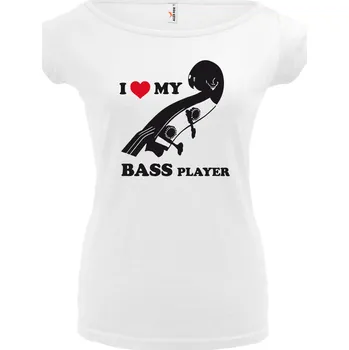 Dámské tričko I LOVE MY BASS PLAYER (Dámské tričko bílé, černý potisk) (Dámské tričko s potiskem)