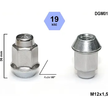 Matice na kolo Kolová matice M12x1,5 kužel nerez víčko, klíč 19, DGM01, CHEVROLET, OPEL, výška 36 mm