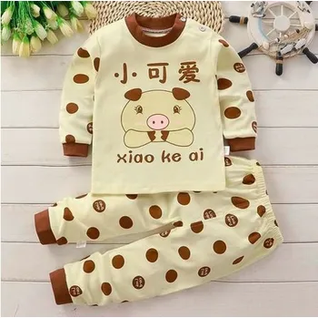 Dívčí pyžamo Čína Dětská animovaná pyžámka s dlouhým rukávem a kalhotama Varianta: prasátko, žluté s hnědými puntíky, Velikost: 120 (5 let)