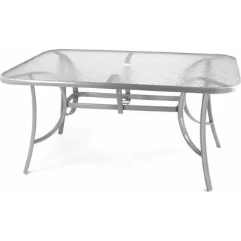 Zahradní stůl Kovový zahradní stůl s poloprůhledným sklem, otvor na slunečník, šedý, 150x97 cm