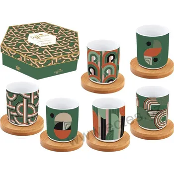 Easy Life GEOMETRICAL LOOP zelené porcelánové espresso kelímky a bambusové podložky oranžové geometrické smyčky *COFFEE MANIA* 110ml 6 ks