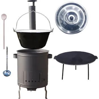 Kempingové nádobí Smaltovaný kotlík 20 L + litinová pánev 45 cm + žáruvzdorná kotlina 1,5 mm 42 cm PLUS 600 + nerezová poklice + vařečka a naběračka