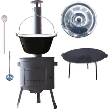 Kempingové nádobí Smaltovaný kotlík 20 L + litinová pánev 45 cm + nízká žáruvzdorná kotlina 42 cm PLUS 600 + nerezová poklice + vařečka a naběračka