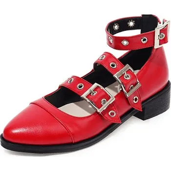 Dámské lodičky kožené punk baleríny s pásky a přezkami GoodDayGirl Barva: Červená, Velikost: 34