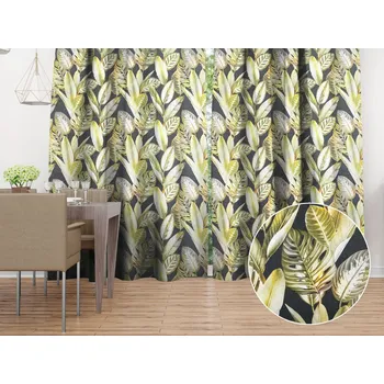 ubrus Sametový závěs Tamara TMR-010 Zlaté tropické listy na zeleném 145x140 cm