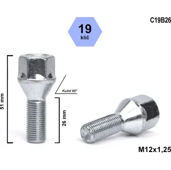 Šroubek na kolo Kolový šroub M12x1,25x26 kužel, klíč 19, C19B26, výška 51 mm