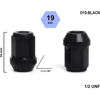 Matice na kolo Kolová matice 1/2 UNF, kužel zavřená, klíč 19mm, D10-BLACK, výška 34 mm, černá