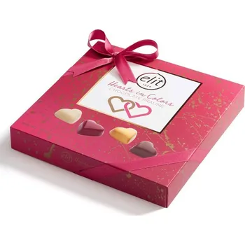 Čokoláda Bonboniéra HEARTS in COLORS 160 g - hořká, mléčná a bílá čokoláda s náplní Gianduja - VÝPRODEJ -50 % !!! DMT: 6/2022 (ELIT Čokoládová srdíčka)
