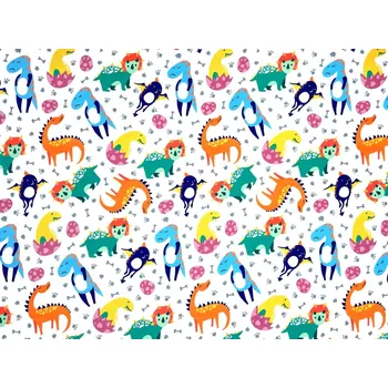 Mirtex Látka bavlněný úplet dětský dinosauři na bílé, šířka 180 cm digitální potisk