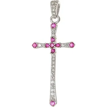 Přívěsek Stříbrný přívěšek kříž s růžovými a čirými zirkony STRZ0812F