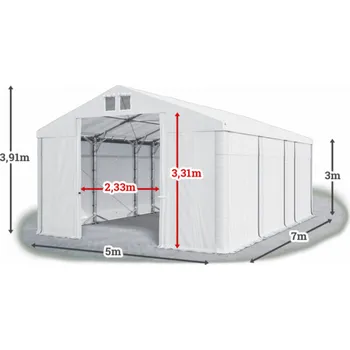 Zahradní stan Skladový stan 5x7x3m střecha PVC 580g/m2 boky PVC 500g/m2 konstrukce POLÁRNÍ PLUS Bílá Bílá Bílá