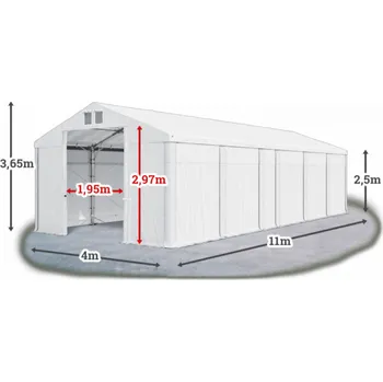 Zahradní stan Skladový stan 4x11x2,5m střecha PVC 580g/m2 boky PVC 500g/m2 konstrukce POLÁRNÍ Bílá Bílá Bílá