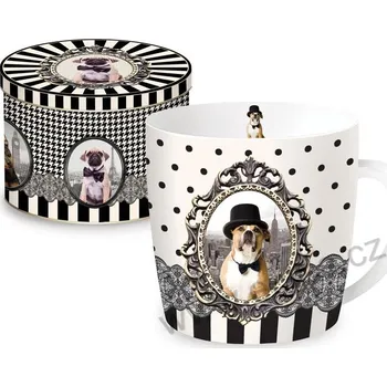 Easy Life BAROCCO DOGS C porcelánový hrnek pes boxer v klobouku a černé ornamenty v plechové dóze 350ml