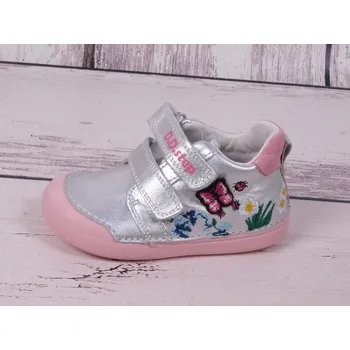 Dívčí polobotky D.D.step Celoroční boty obuv D.D. step kožené S066-821 stříbrné a růžovou s motýlkem a kytičkami velikost: 25