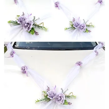 Svatební dekorace Komplet na auto - květy růže fialové