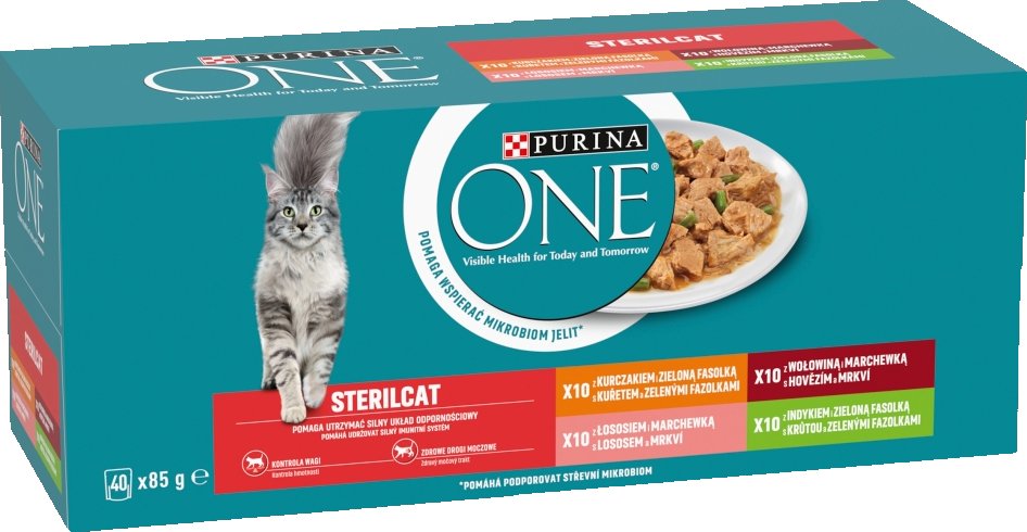PURINA ONE STERILCAT 40 x 85g Mini filetky s kuřetem, krůtou, hovězím, lososem se zeleninou