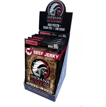 Sušené maso INDIANA Jerky hovězí Hot & Sweet ZIP 720g - display