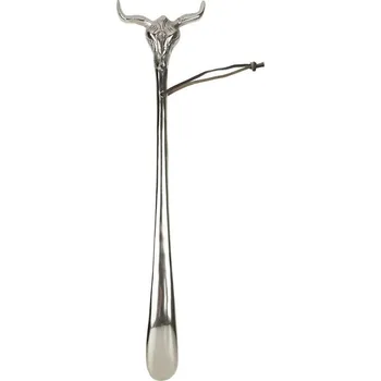 Lžíce na botu Stříbrná kovová obouvací lžíce s lebkou býka - 12*4*55 cm