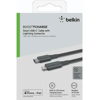 Datový kabel Belkin Smart LED kabel seda 1,2m USB-C / Lightning CAA006bt04GR