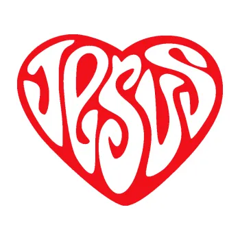 Polep vozidla SAMOLEPKA Jesus nápis v srdíčku (10 - červená) NA AUTO, NÁLEPKA, FÓLIE, POLEP, TUNING, VLASTNÍ TEXT, TISK, AUTOSAMOLEPKY.cz, POLEPY, OBRÁZEK, LOGO, SAMOLEPKY