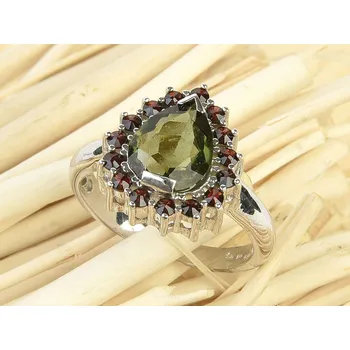 Prsten Vltavín a granáty prsten 10x8mm kapka Ag 925/1000