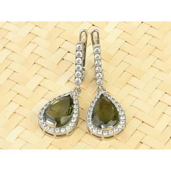 Náušnice Vltavín a zirkony visací náušnice kapka Ag 925/1000 standard