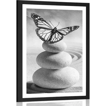 Plakát Dovido Plakát s paspartou rovnováha kamenů a motýl v černobílém provedení