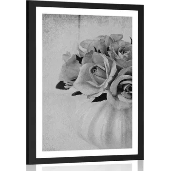 Plakát Dovido Plakát s paspartou růže ve váze v černobílém provedení