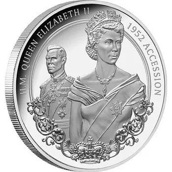 Exkluzivní stříbrná mince Královna Alžběta II. - 1952 nástup královny na trůn 1 Oz (H.M.Queen Elizabeth II.) 2022 PROOF