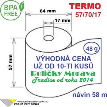 Kotouček do pokladny a tiskárny štítků Termo kotouček 57/70/17 BPA 58m (57mm x 58m) Množství: 1 ks kotoučku