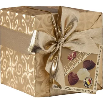 Cukrovinka Belgické pralinky ve zlatém dárkovém balení se zlatou stuhou, kostka 150 g