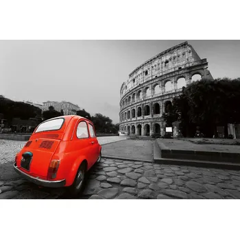 Fototapeta DIMEX | Vliesová fototapeta Koloseum s červeným autem MS-5-2733 | 375 x 250 cm | červená, bílá, černá + Vliesová fototapeta na stěnu DIMEX Koloseum s červeným autem MS52733 v rozměru 375 x 250 cm + lepidlo zdarma