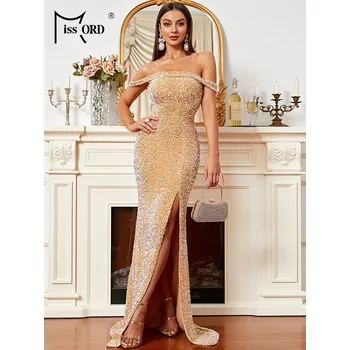 Dámské šaty Trblietavé šaty dlhé s vysokým rázporkom a odhalenými ramenami Barva: Žlutá, Velikost: L