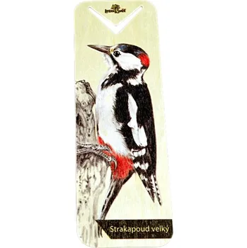 Zarážka na knihu Lesní svět Dřevěná záložka Strakapoud (Dřevěná záložka do knihy s lesním motivem od českého výrobce Lesní svět - Strakapoud velký. Rozměry: (š) 15 cm × (v) 5 cm. Materiál: kvalitní, letecká překližka. Kód výrobce: 5025-04.)